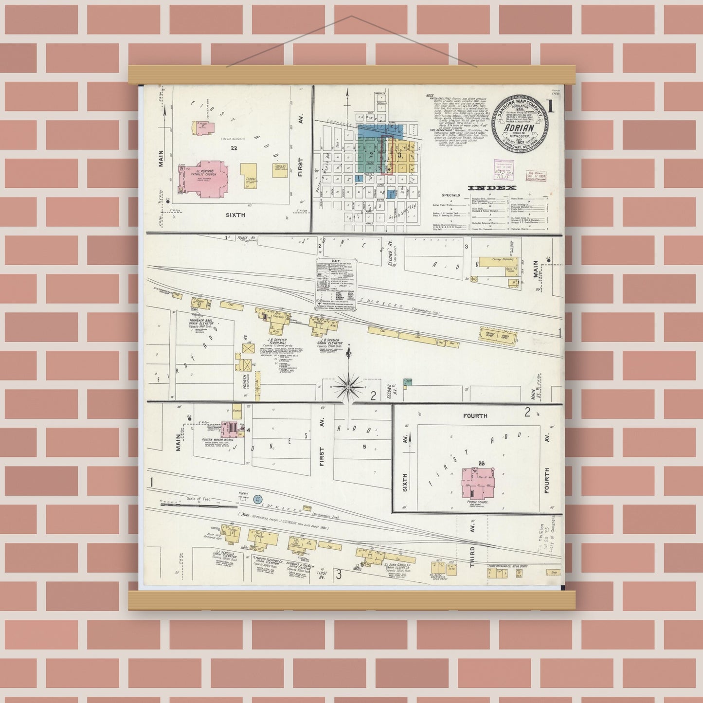 Old map wall art mockup — magnetic wood frame on brick wall — Sanborn Fire Insurance Map from Adrian, Nobles County, Minnesota (1907), Sheet #0001