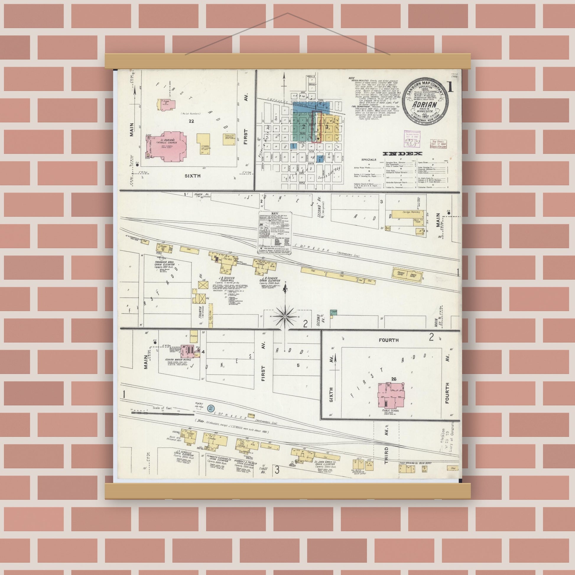 Old map wall art mockup — magnetic wood frame on brick wall — Sanborn Fire Insurance Map from Adrian, Nobles County, Minnesota (1907), Sheet #0001