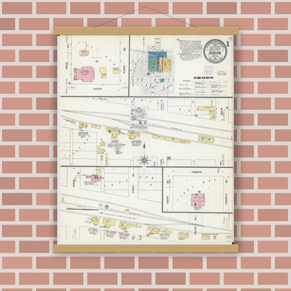 Old map wall art mockup — magnetic wood frame on brick wall — Sanborn Fire Insurance Map from Adrian, Nobles County, Minnesota (1907), Sheet #0001