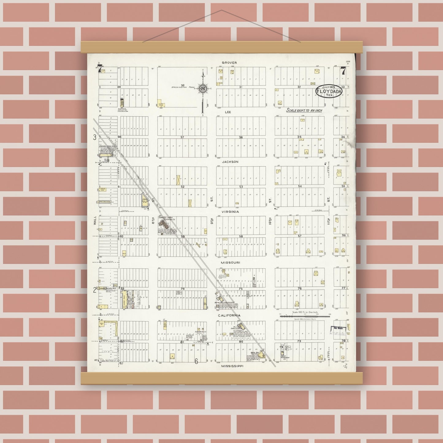 Old map wall art mockup — magnetic wood frame on brick wall — Sanborn Fire Insurance Map from Floydada, Floyd County, Texas (1925), Sheet #0007