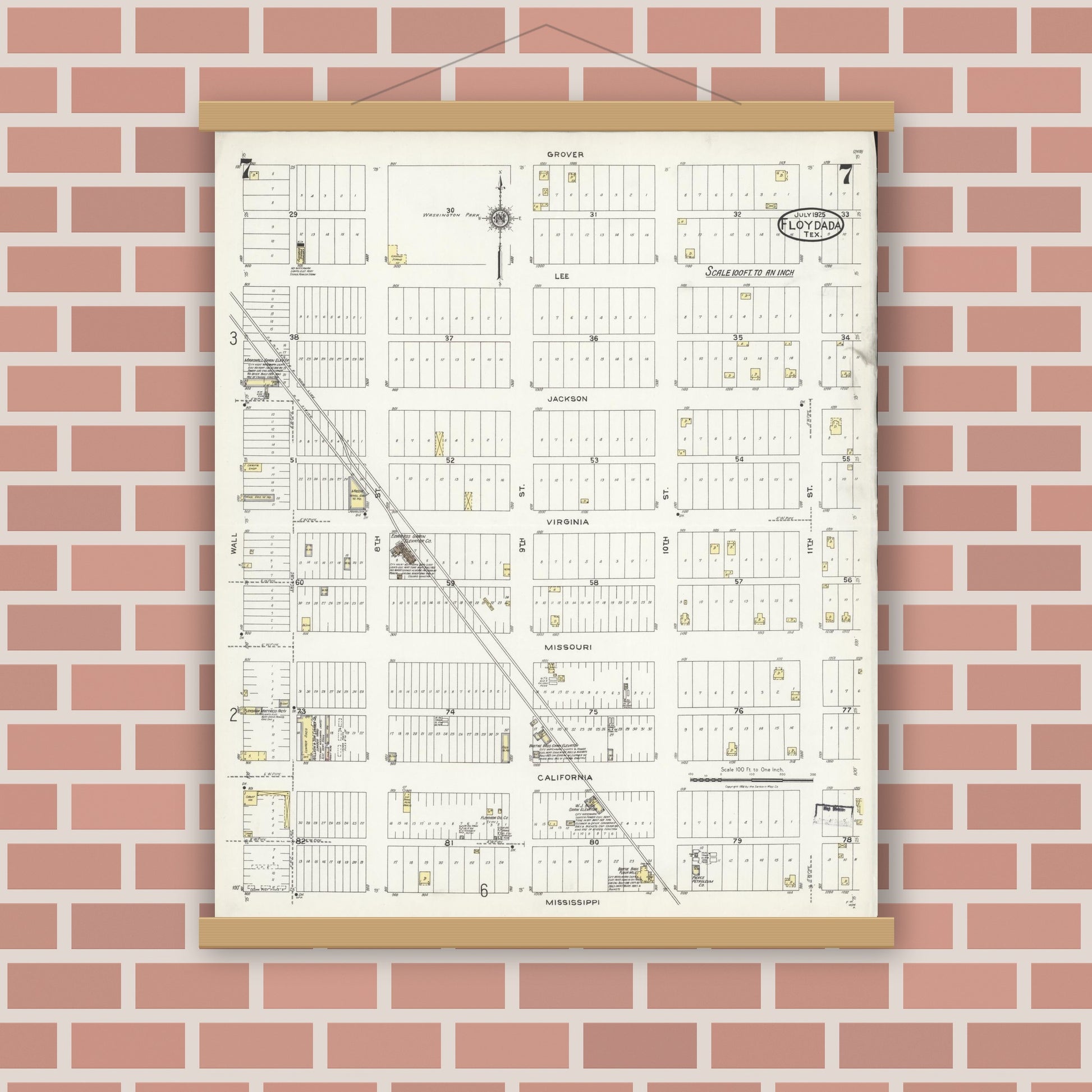 Old map wall art mockup — magnetic wood frame on brick wall — Sanborn Fire Insurance Map from Floydada, Floyd County, Texas (1925), Sheet #0007