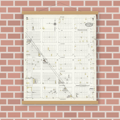 Old map wall art mockup — magnetic wood frame on brick wall — Sanborn Fire Insurance Map from Floydada, Floyd County, Texas (1925), Sheet #0007