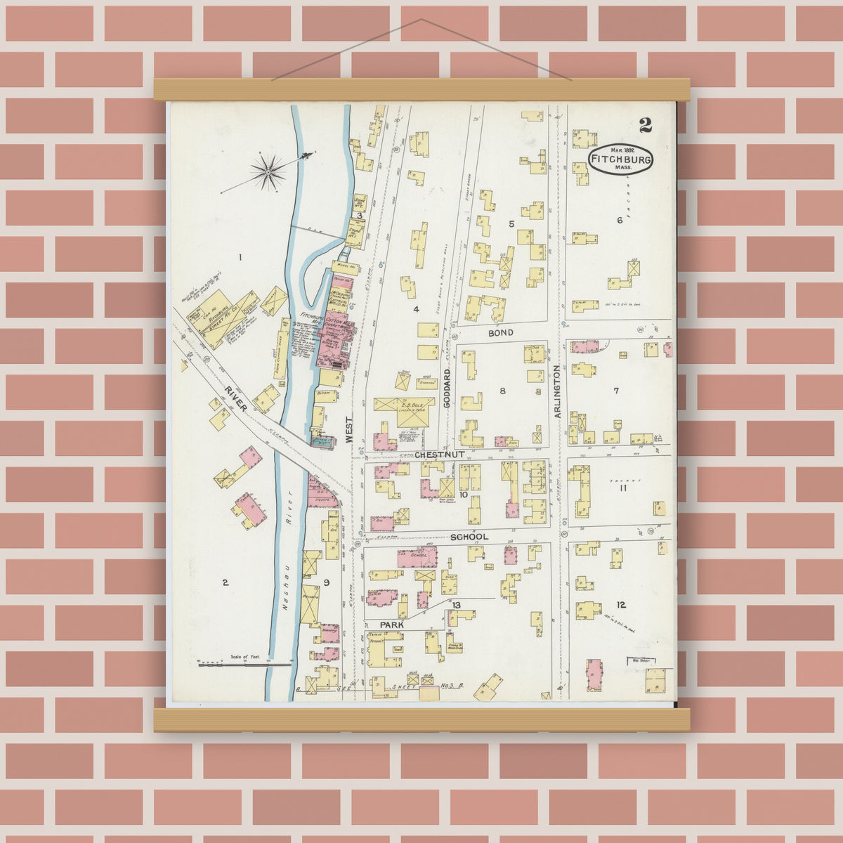 Old map wall art mockup — magnetic wood frame on brick wall — Sanborn Fire Insurance Map from Fitchburg, Worcester County, Massachusetts (1892), Sheet #0002