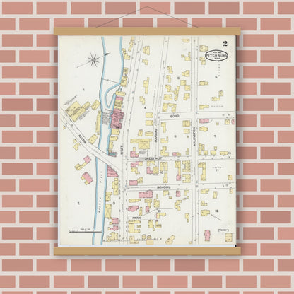 Old map wall art mockup — magnetic wood frame on brick wall — Sanborn Fire Insurance Map from Fitchburg, Worcester County, Massachusetts (1892), Sheet #0002