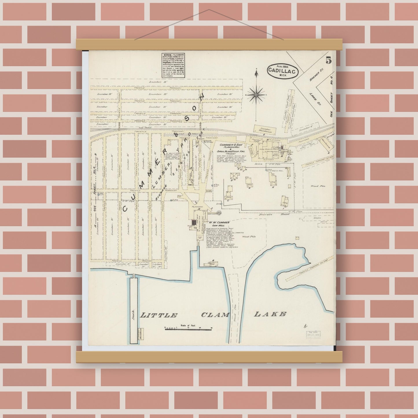 Old map wall art mockup — magnetic wood frame on brick wall — Sanborn Fire Insurance Map from Cadillac, Wexford County, Michigan (1884), Sheet #0005