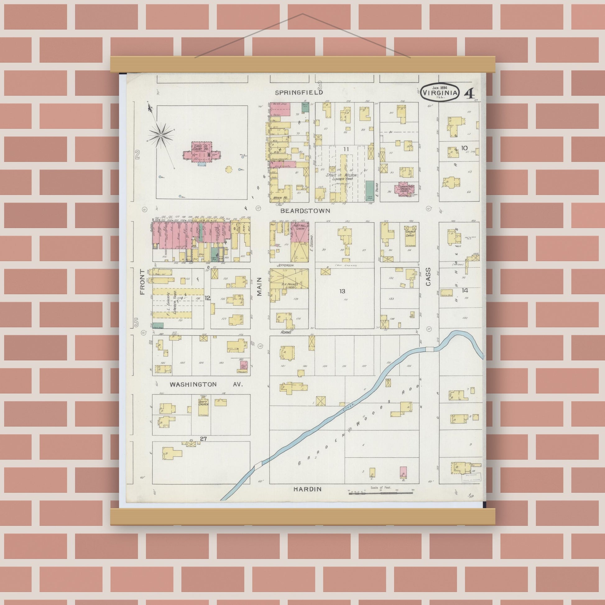 Old map wall art mockup — magnetic wood frame on brick wall — Sanborn Fire Insurance Map from Virginia, Cass County, Illinois (1894), Sheet #0004