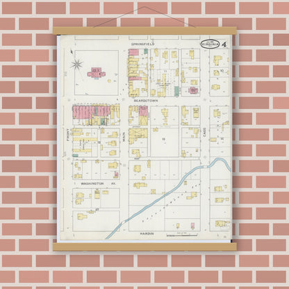 Old map wall art mockup — magnetic wood frame on brick wall — Sanborn Fire Insurance Map from Virginia, Cass County, Illinois (1894), Sheet #0004
