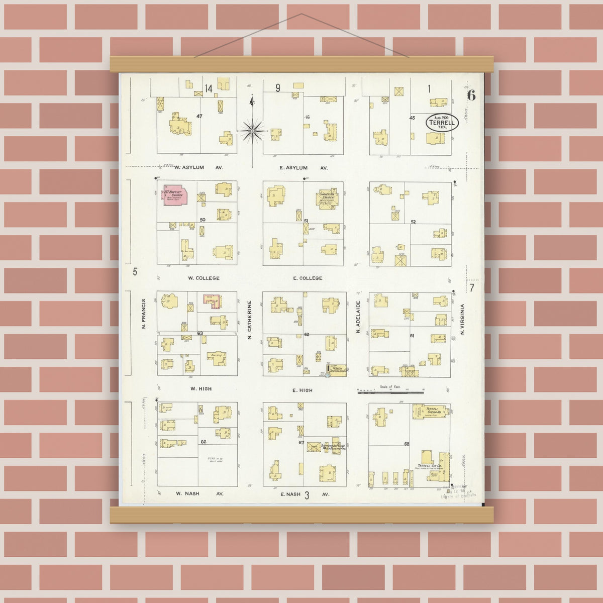 Old map wall art mockup — magnetic wood frame on brick wall — Sanborn Fire Insurance Map from Terrell, Kaufman County, Texas (1909), Sheet #0006
