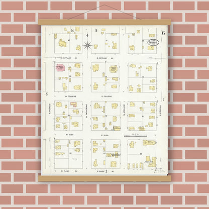Old map wall art mockup — magnetic wood frame on brick wall — Sanborn Fire Insurance Map from Terrell, Kaufman County, Texas (1909), Sheet #0006