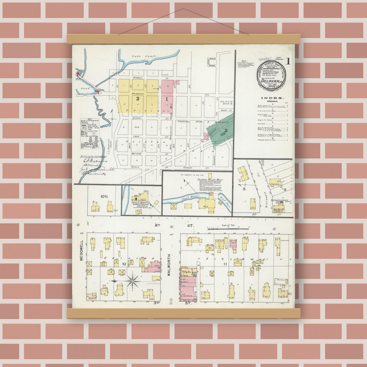 Old map wall art mockup — magnetic wood frame on brick wall — Sanborn Fire Insurance Map from Delavan, Walworth County, Wisconsin (1892) - Complete Map Set