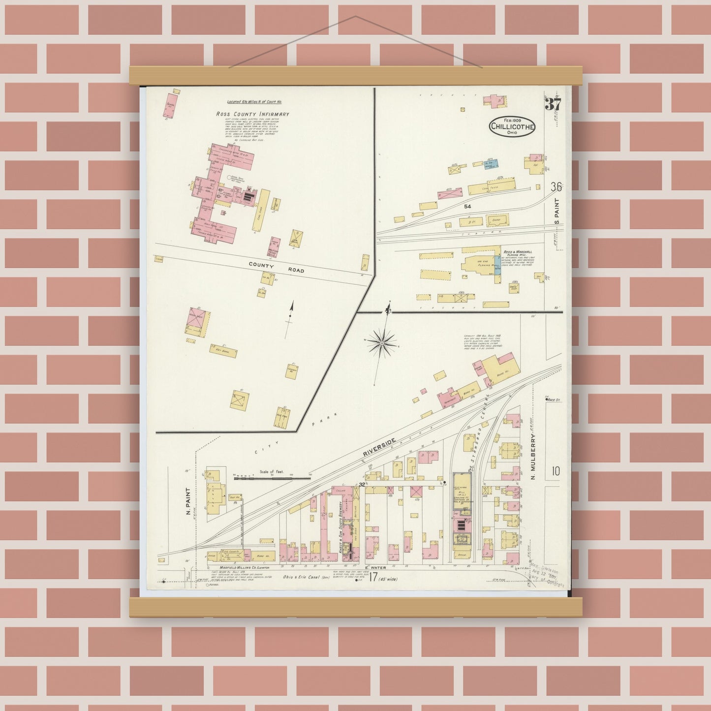 Old map wall art mockup — magnetic wood frame on brick wall — Sanborn Fire Insurance Map from Chillicothe, Ross County, Ohio (1909), Sheet #0037