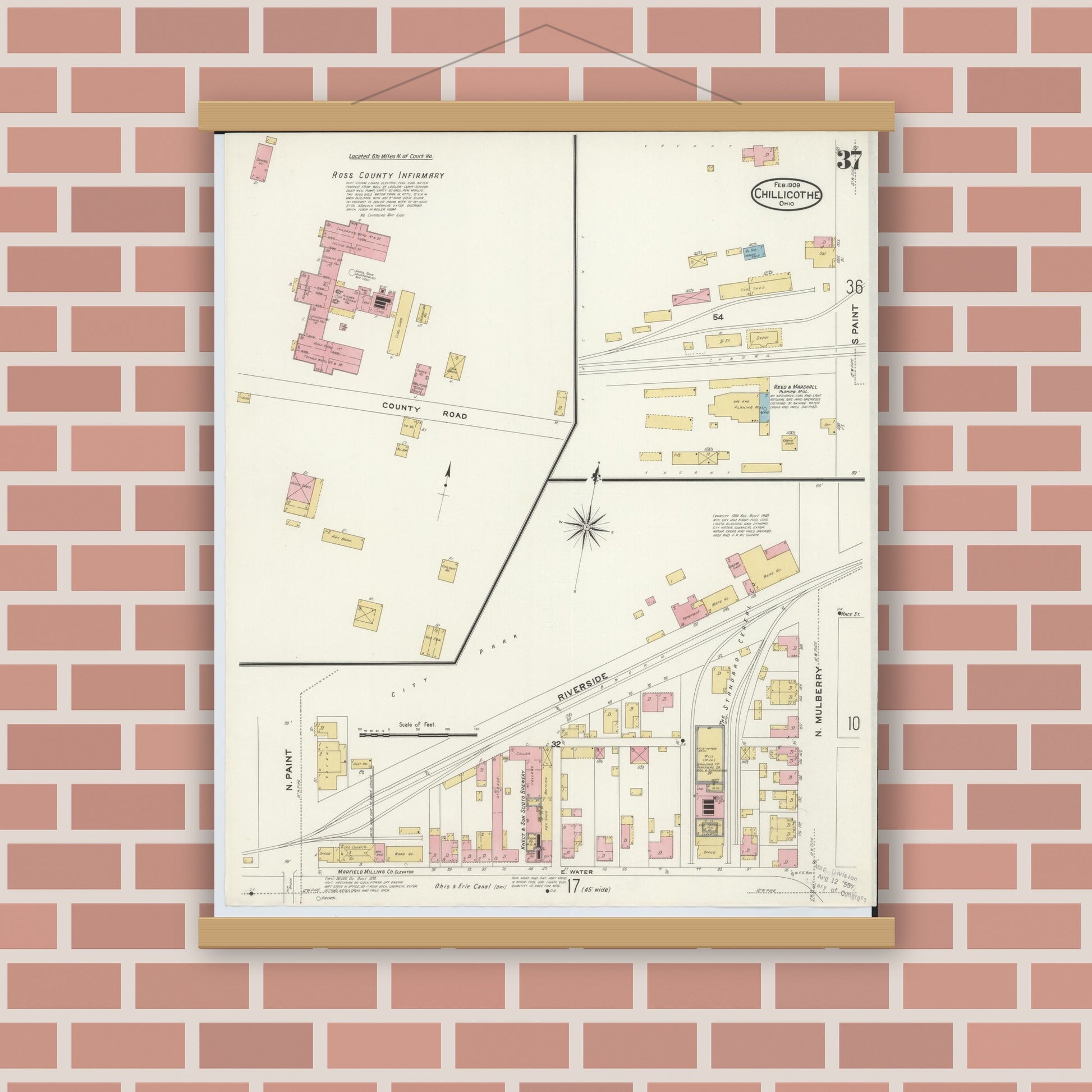 Old map wall art mockup — magnetic wood frame on brick wall — Sanborn Fire Insurance Map from Chillicothe, Ross County, Ohio (1909), Sheet #0037