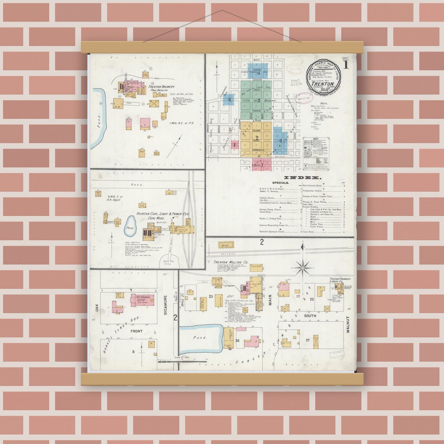 Old map wall art mockup — magnetic wood frame on brick wall — Sanborn Fire Insurance Map from Trenton, Clinton County, Illinois (1899) - Complete Map Set
