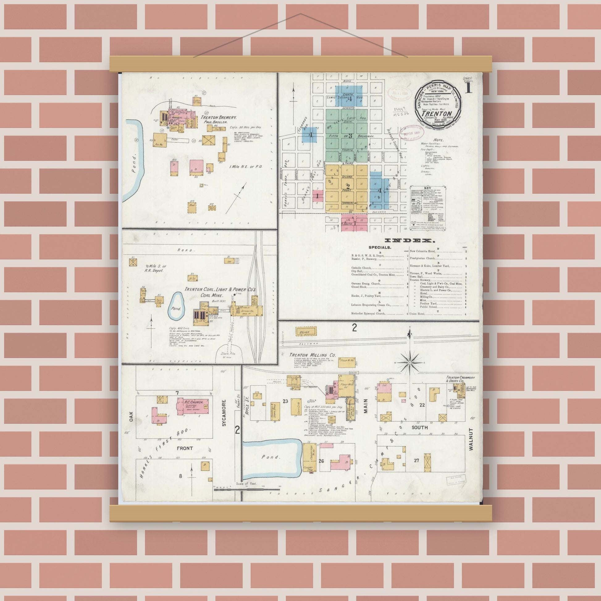 Old map wall art mockup — magnetic wood frame on brick wall — Sanborn Fire Insurance Map from Trenton, Clinton County, Illinois (1899) - Complete Map Set