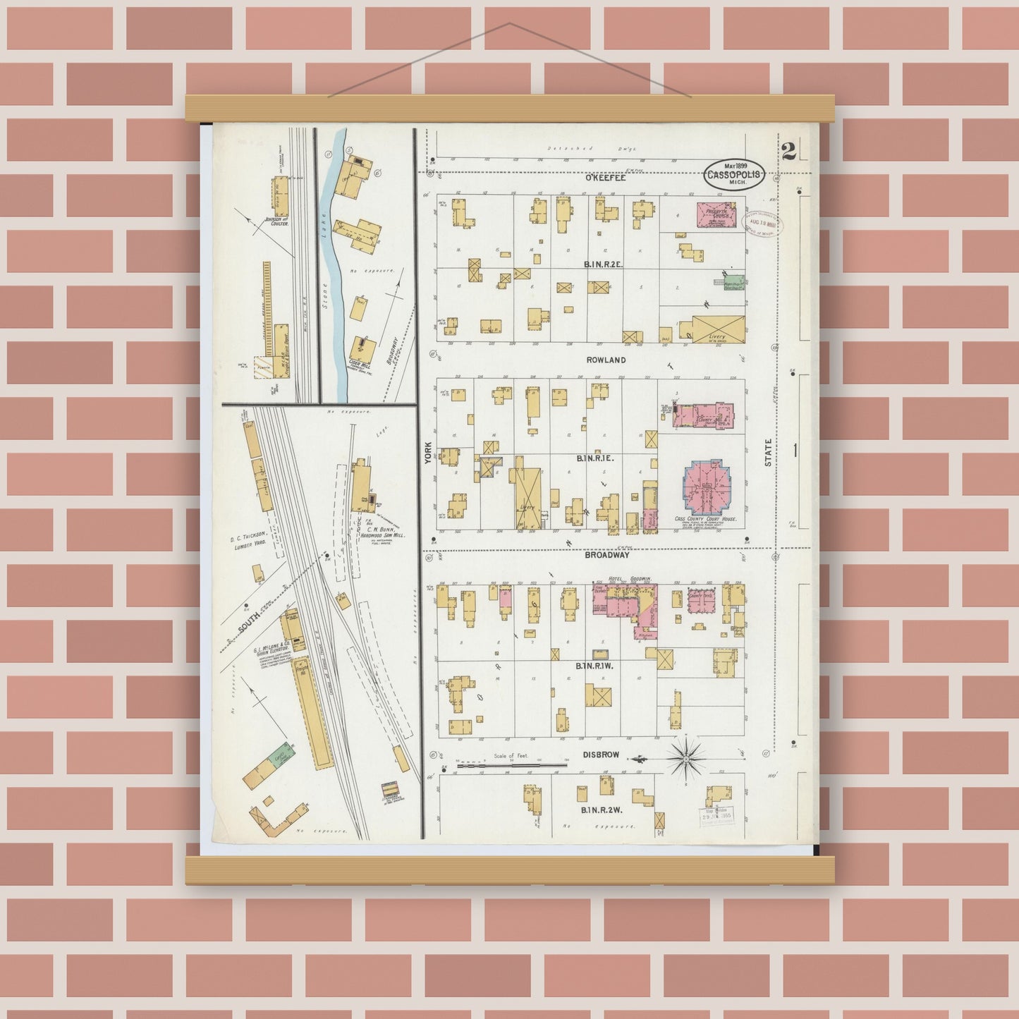 Old map wall art mockup — magnetic wood frame on brick wall — Sanborn Fire Insurance Map from Cassopolis, Cass County, Michigan (1899), Sheet #0002