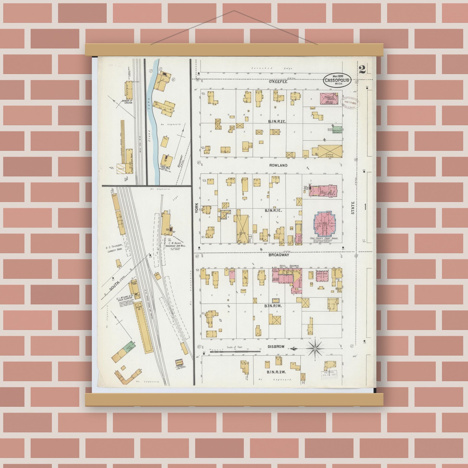 Old map wall art mockup — magnetic wood frame on brick wall — Sanborn Fire Insurance Map from Cassopolis, Cass County, Michigan (1899), Sheet #0002