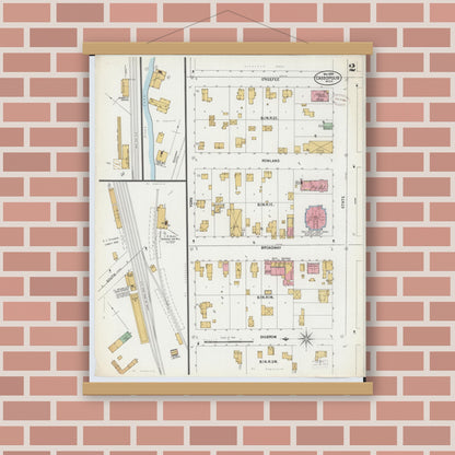 Old map wall art mockup — magnetic wood frame on brick wall — Sanborn Fire Insurance Map from Cassopolis, Cass County, Michigan (1899), Sheet #0002