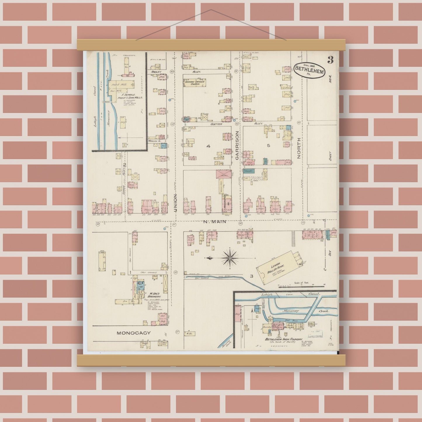 Old map wall art mockup — magnetic wood frame on brick wall — Sanborn Fire Insurance Map from Bethlehem, Northampton And Lehigh Counties, Pennsylvania (1885), Sheet #0003