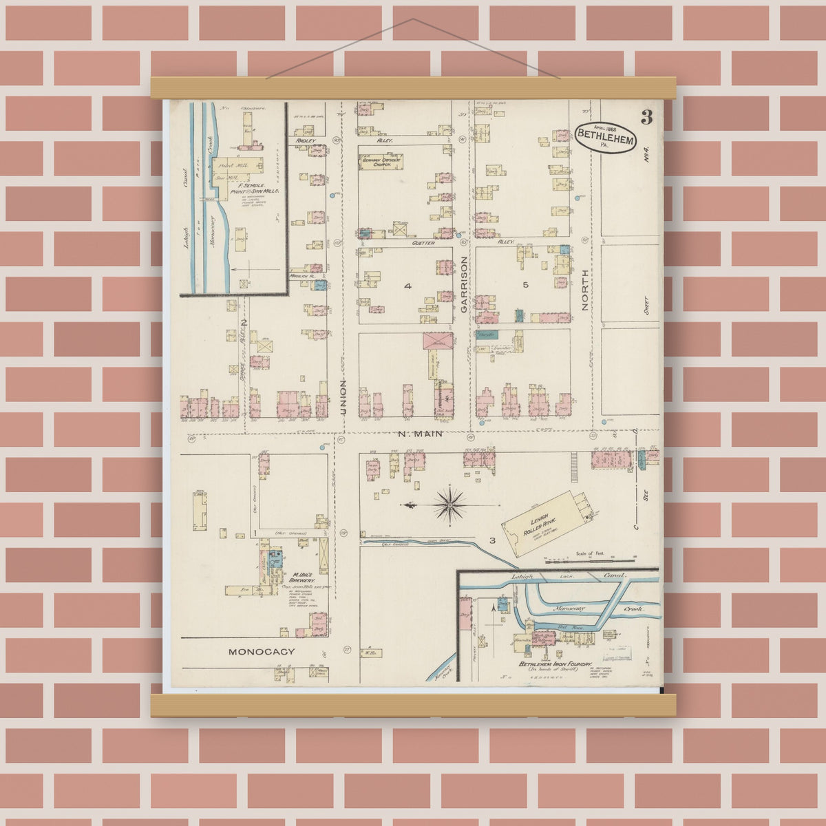 Old map wall art mockup — magnetic wood frame on brick wall — Sanborn Fire Insurance Map from Bethlehem, Northampton And Lehigh Counties, Pennsylvania (1885), Sheet #0003