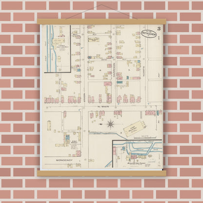 Old map wall art mockup — magnetic wood frame on brick wall — Sanborn Fire Insurance Map from Bethlehem, Northampton And Lehigh Counties, Pennsylvania (1885), Sheet #0003