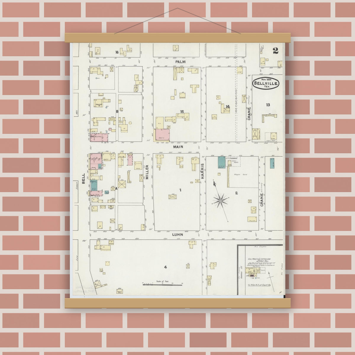 Old map wall art mockup — magnetic wood frame on brick wall — Sanborn Fire Insurance Map from Bellville, Austin County, Texas (1891), Sheet #0002