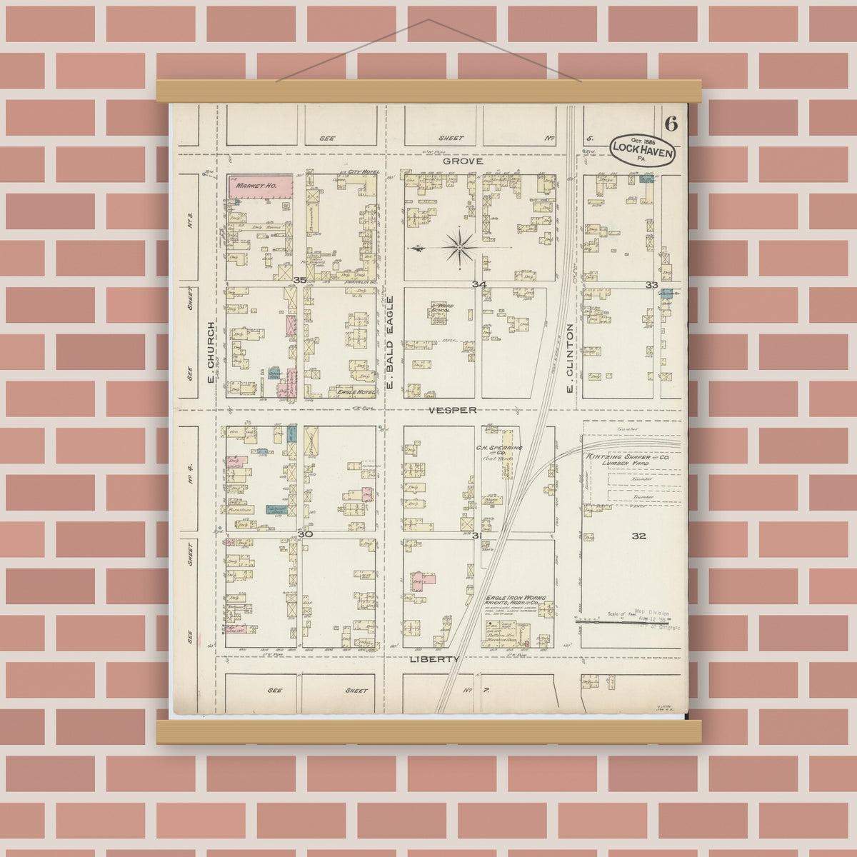 Old map wall art mockup — magnetic wood frame on brick wall — Sanborn Fire Insurance Map from Lock Haven, Clinton County, Pennsylvania (1885), Sheet #0006