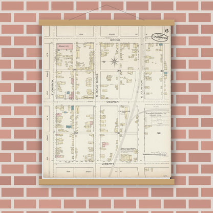 Old map wall art mockup — magnetic wood frame on brick wall — Sanborn Fire Insurance Map from Lock Haven, Clinton County, Pennsylvania (1885), Sheet #0006