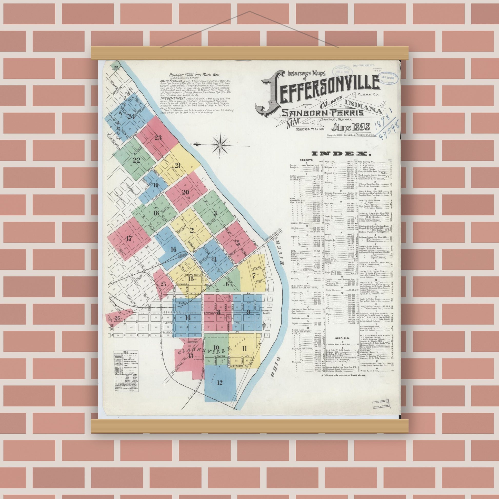 Old map wall art mockup — magnetic wood frame on brick wall — Sanborn Fire Insurance Map from Jeffersonville, Clark County, Indiana (1898), Sheet #0001