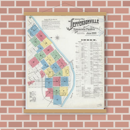 Old map wall art mockup — magnetic wood frame on brick wall — Sanborn Fire Insurance Map from Jeffersonville, Clark County, Indiana (1898), Sheet #0001