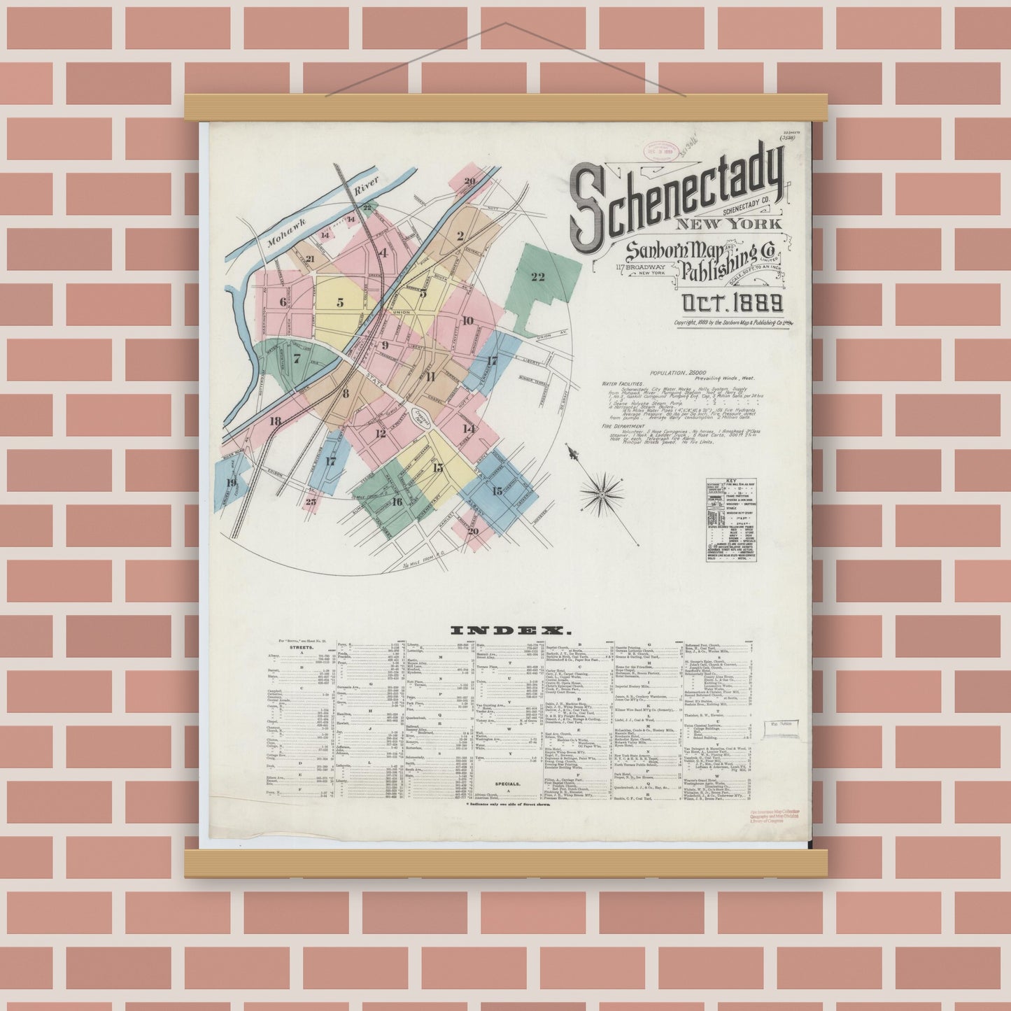 Old map wall art mockup — magnetic wood frame on brick wall — Sanborn Fire Insurance Map from Schenectady, Schenectady County, New York (1889) - Complete Map Set