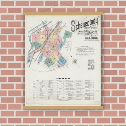 Old map wall art mockup — magnetic wood frame on brick wall — Sanborn Fire Insurance Map from Schenectady, Schenectady County, New York (1889) - Complete Map Set