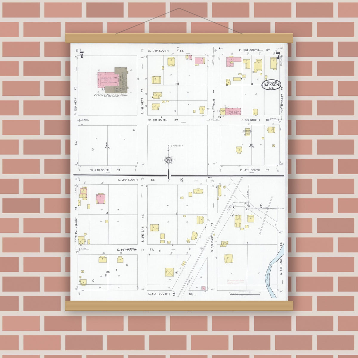 Old map wall art mockup — magnetic wood frame on brick wall — Sanborn Fire Insurance Map from Jackson, Cape Girardeau County, Missouri (1931), Sheet #0007