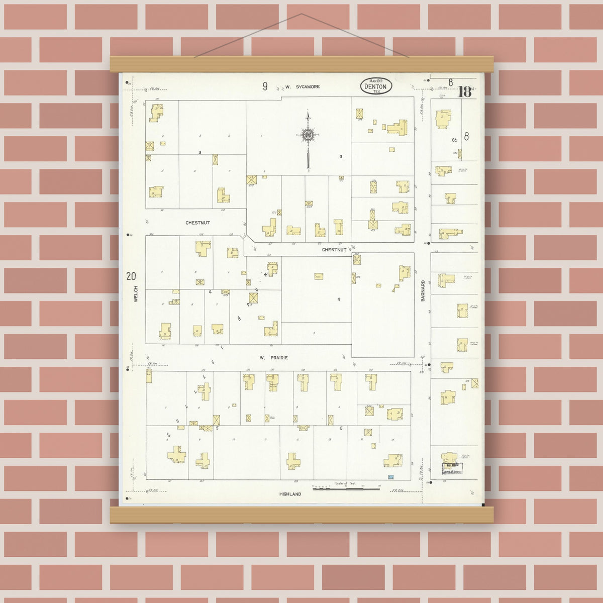 Old map wall art mockup — magnetic wood frame on brick wall — Sanborn Fire Insurance Map from Denton, Denton County, Texas (1912), Sheet #0018