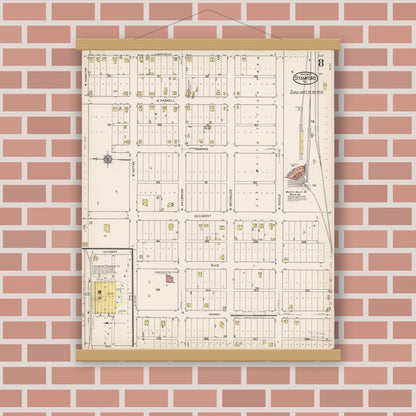 Old map wall art mockup — magnetic wood frame on brick wall — Sanborn Fire Insurance Map from Stamford, Jones County, Texas (1922), Sheet #0008