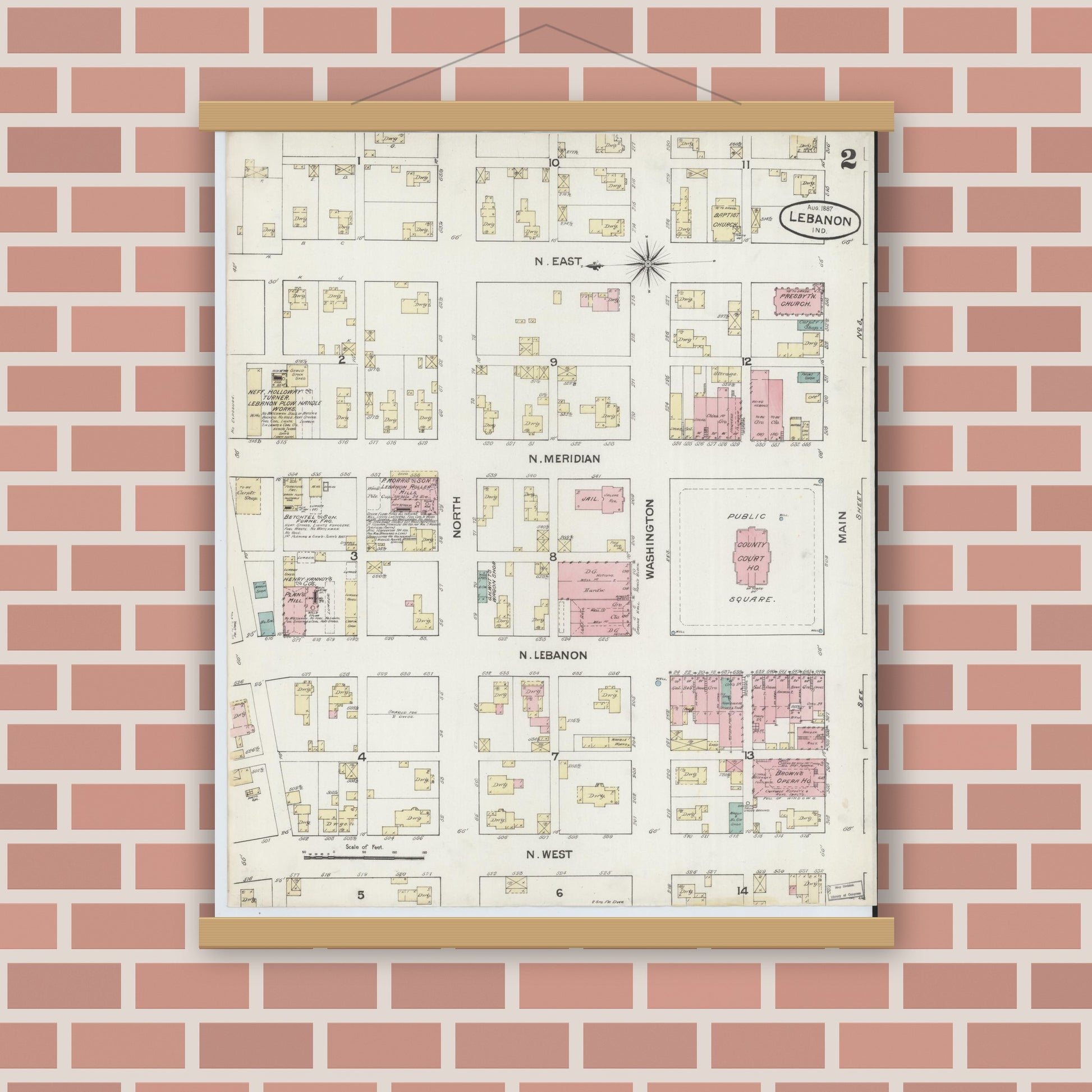 Old map wall art mockup — magnetic wood frame on brick wall — Sanborn Fire Insurance Map from Lebanon, Boone County, Indiana (1887), Sheet #0002