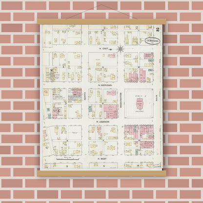 Old map wall art mockup — magnetic wood frame on brick wall — Sanborn Fire Insurance Map from Lebanon, Boone County, Indiana (1887), Sheet #0002