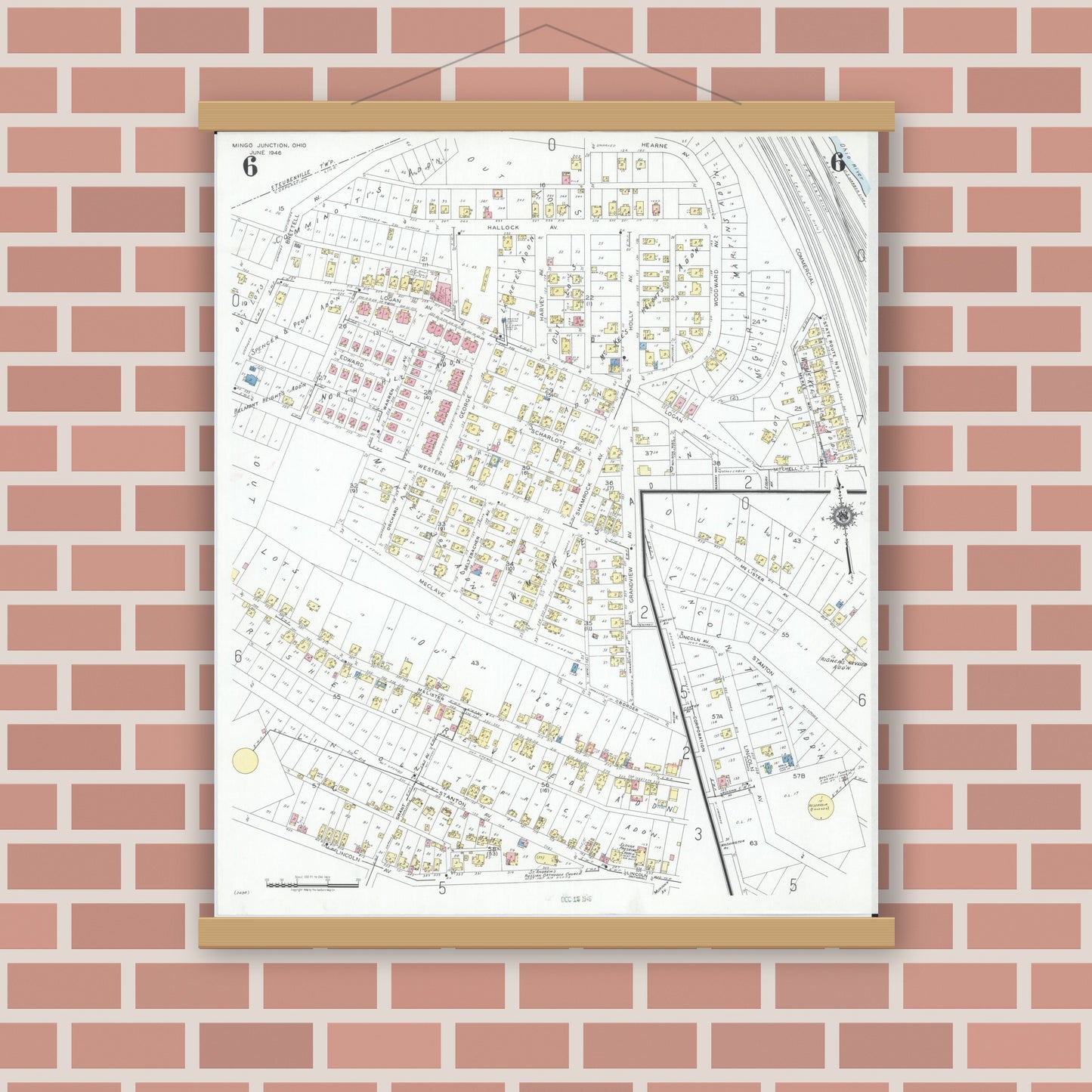 Old map wall art mockup — magnetic wood frame on brick wall — Sanborn Fire Insurance Map from Mingo Junction, Jefferson County, Ohio (1946), Sheet #0006