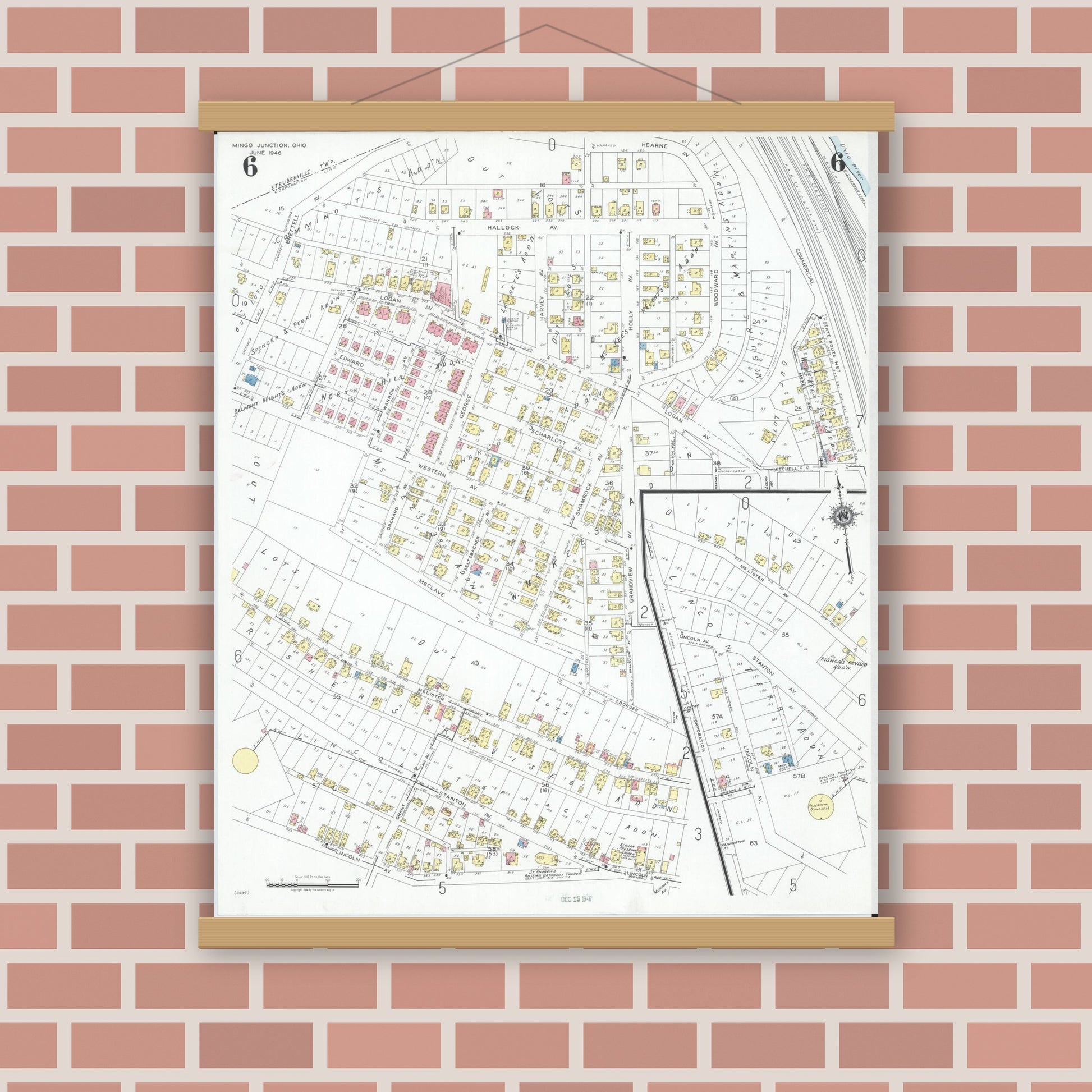 Old map wall art mockup — magnetic wood frame on brick wall — Sanborn Fire Insurance Map from Mingo Junction, Jefferson County, Ohio (1946), Sheet #0006