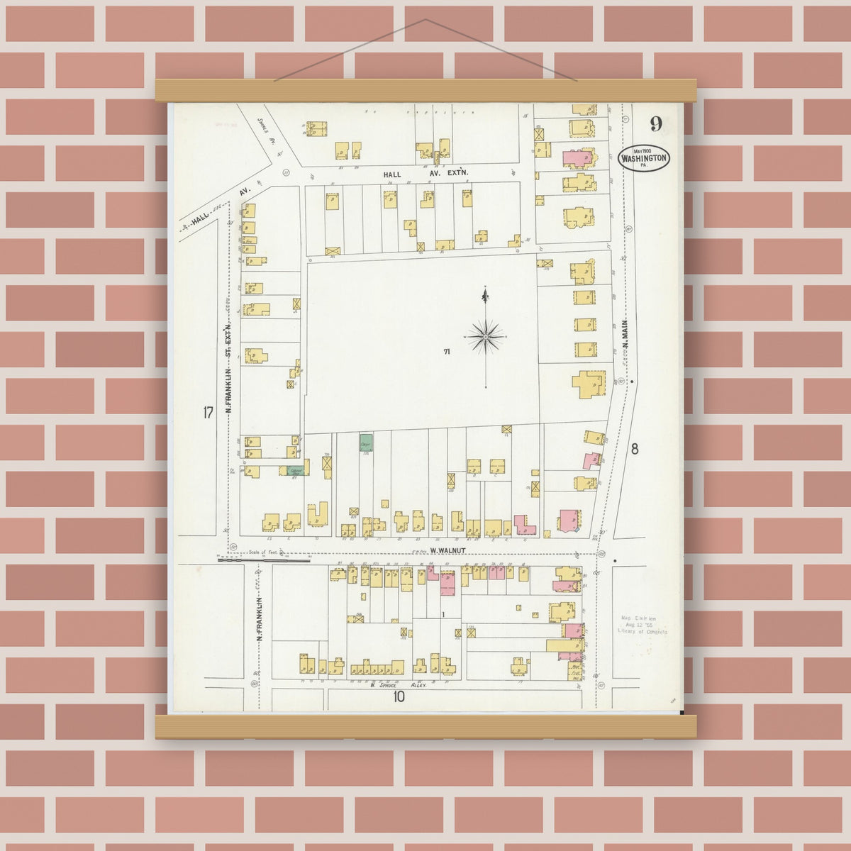 Old map wall art mockup — magnetic wood frame on brick wall — Sanborn Fire Insurance Map from Washington, Washington County, Pennsylvania (1900), Sheet #0009