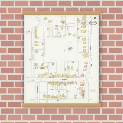 Old map wall art mockup — magnetic wood frame on brick wall — Sanborn Fire Insurance Map from Washington, Washington County, Pennsylvania (1900), Sheet #0009