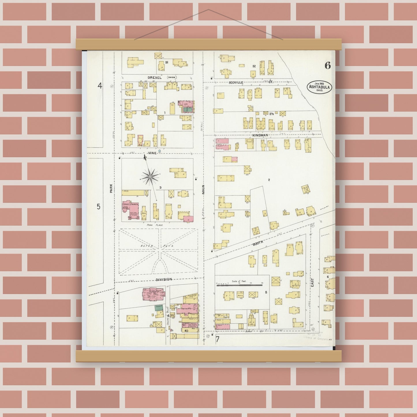 Old map wall art mockup — magnetic wood frame on brick wall — Sanborn Fire Insurance Map from Ashtabula, Ashtabula County, Ohio (1903), Sheet #0006