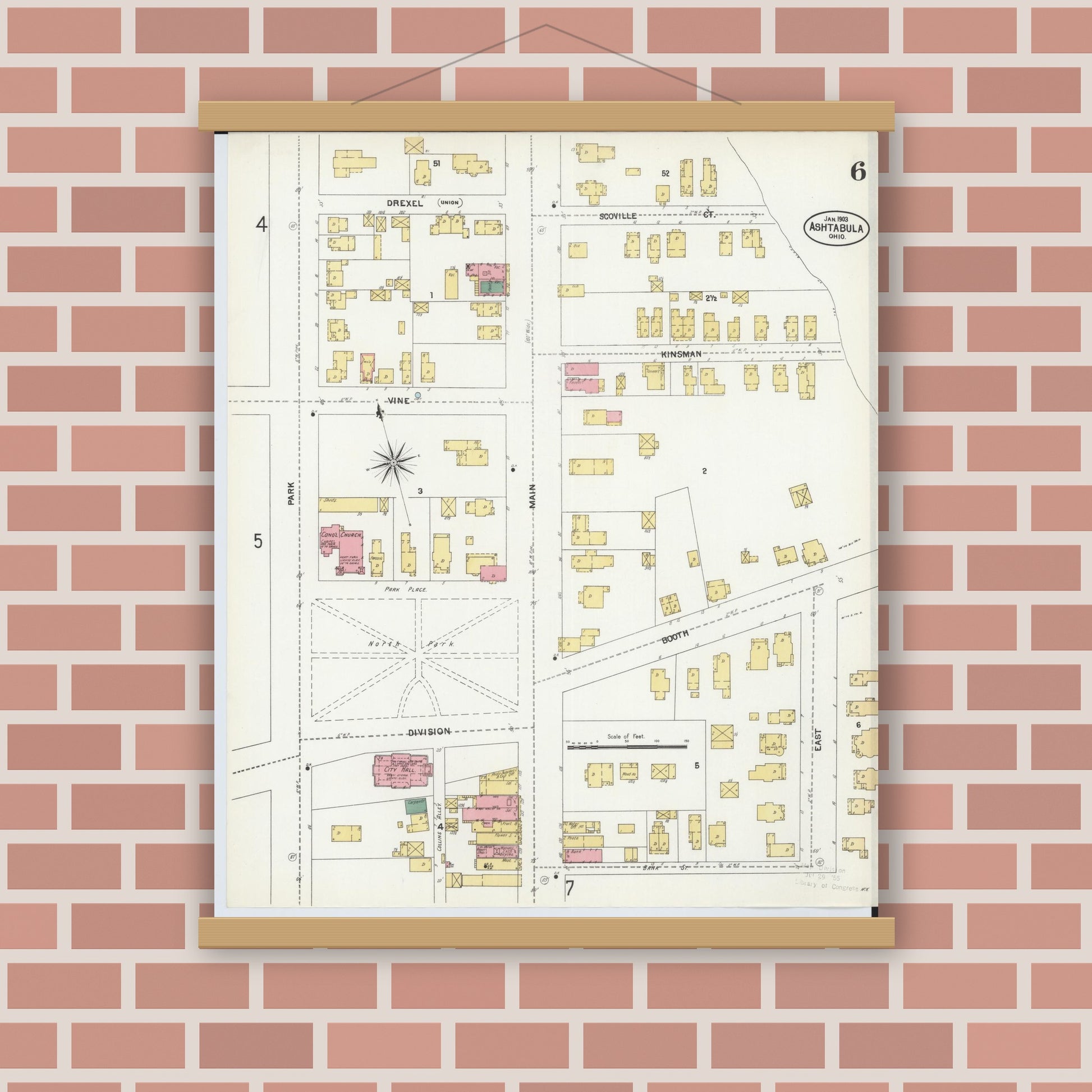 Old map wall art mockup — magnetic wood frame on brick wall — Sanborn Fire Insurance Map from Ashtabula, Ashtabula County, Ohio (1903), Sheet #0006