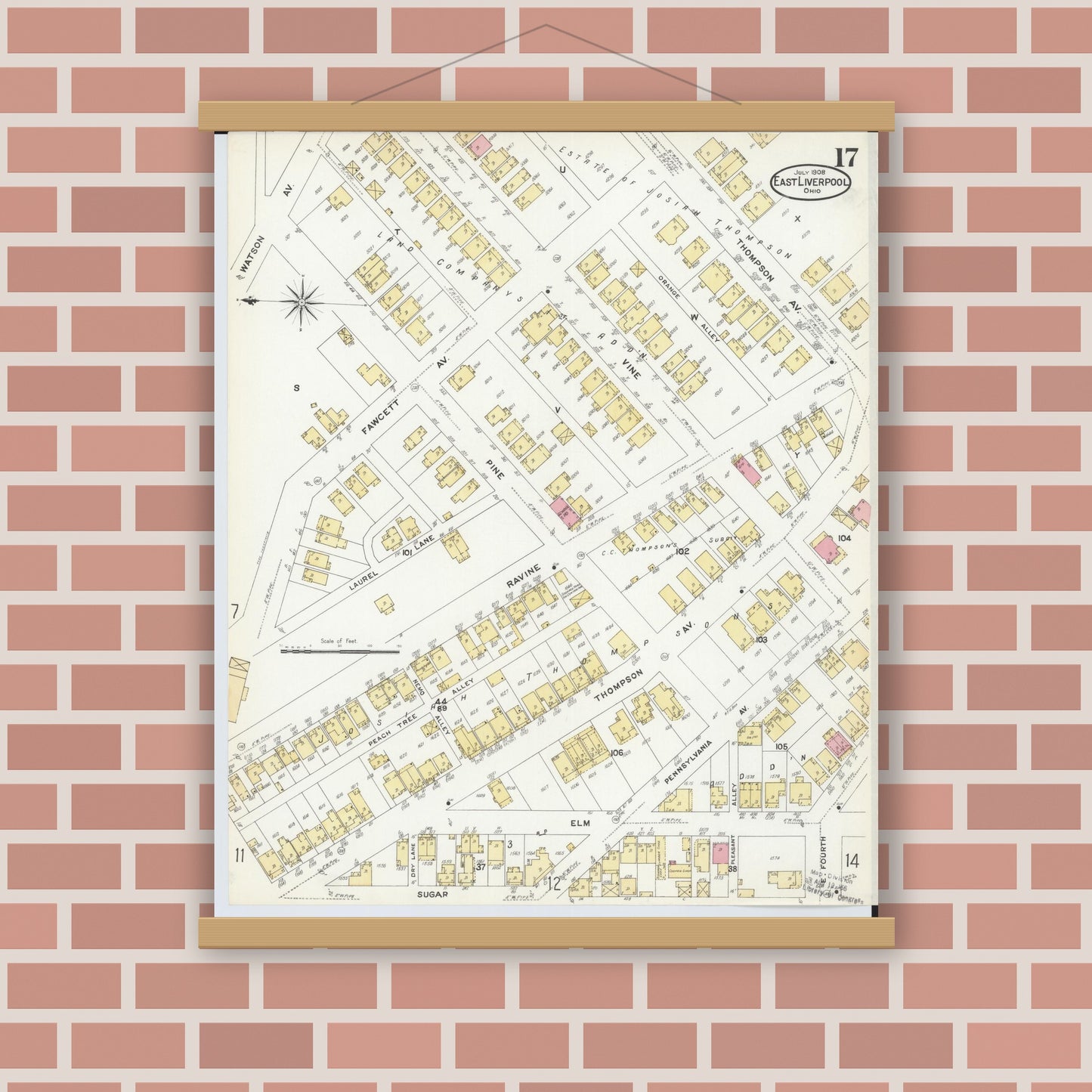 Old map wall art mockup — magnetic wood frame on brick wall — Sanborn Fire Insurance Map from East Liverpool, Columbiana County, Ohio (1908), Sheet #0017