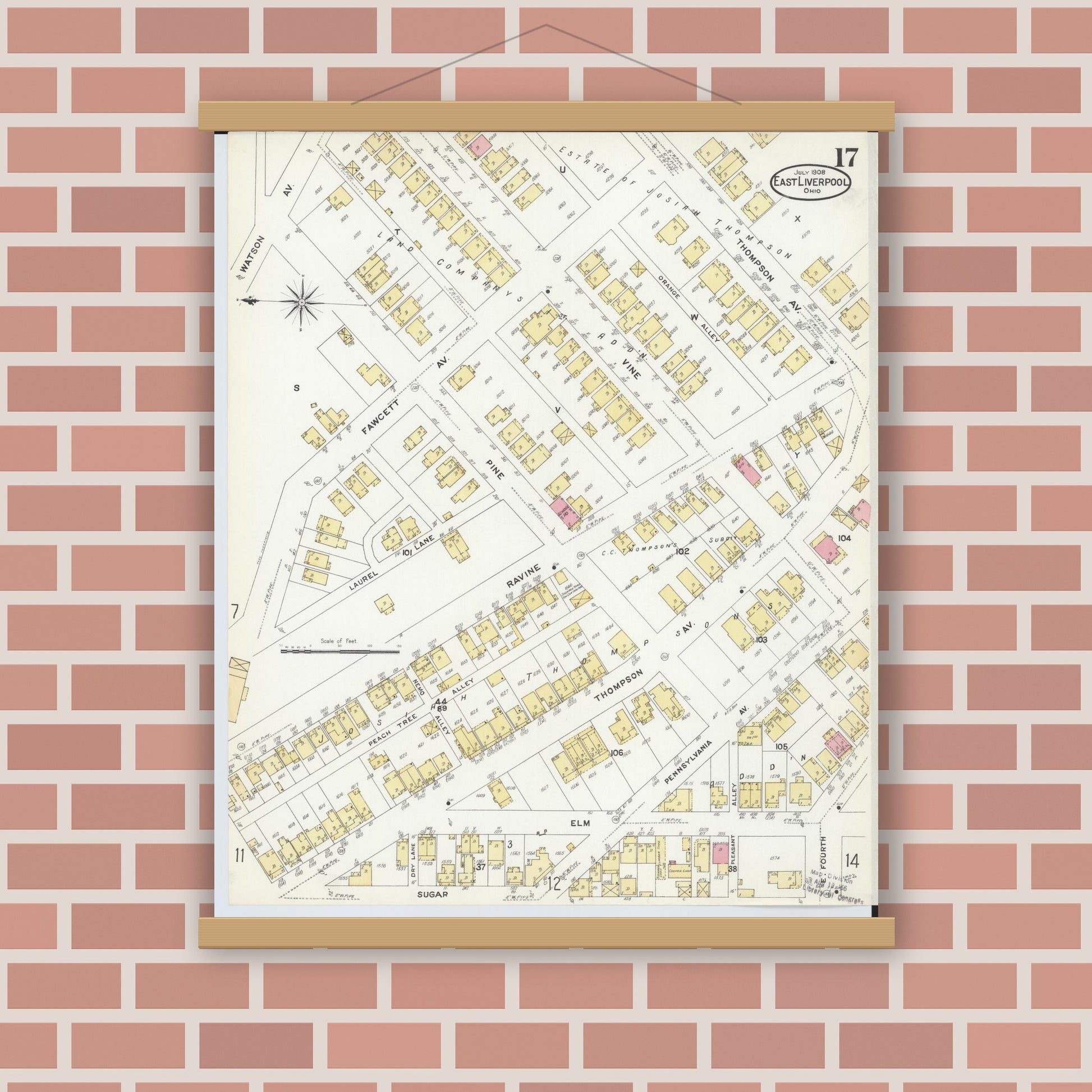 Old map wall art mockup — magnetic wood frame on brick wall — Sanborn Fire Insurance Map from East Liverpool, Columbiana County, Ohio (1908), Sheet #0017