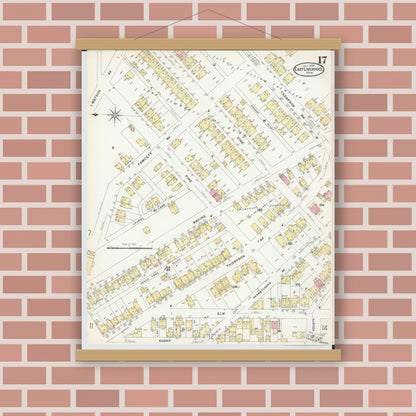 Old map wall art mockup — magnetic wood frame on brick wall — Sanborn Fire Insurance Map from East Liverpool, Columbiana County, Ohio (1908), Sheet #0017