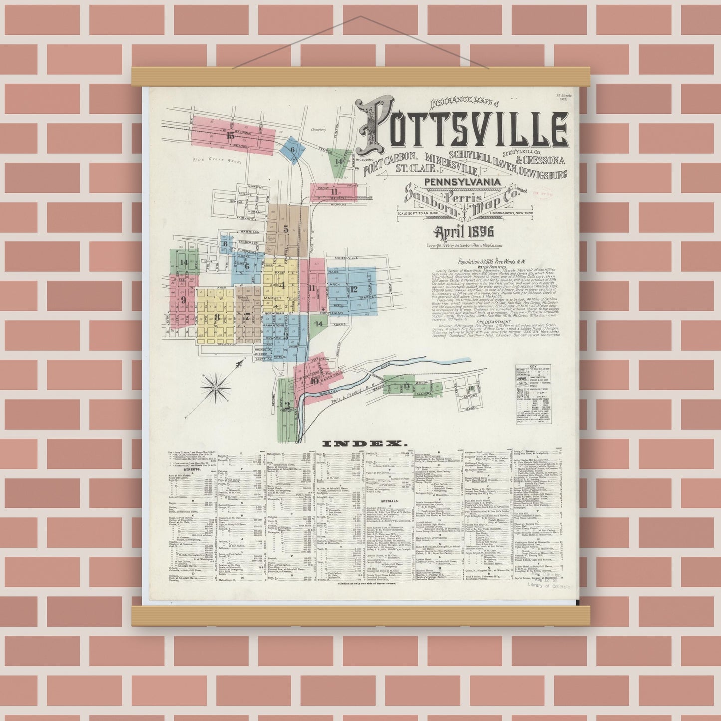 Old map wall art mockup — magnetic wood frame on brick wall — Sanborn Fire Insurance Map from Pottsville, Schuylkill County, Pennsylvania (1895), Sheet #0001