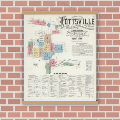 Old map wall art mockup — magnetic wood frame on brick wall — Sanborn Fire Insurance Map from Pottsville, Schuylkill County, Pennsylvania (1895), Sheet #0001
