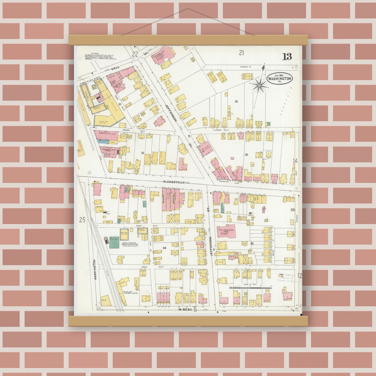 Old map wall art mockup — magnetic wood frame on brick wall — Sanborn Fire Insurance Map from Washington, Washington County, Pennsylvania (1904), Sheet #0013