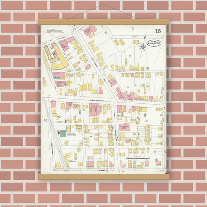 Old map wall art mockup — magnetic wood frame on brick wall — Sanborn Fire Insurance Map from Washington, Washington County, Pennsylvania (1904), Sheet #0013