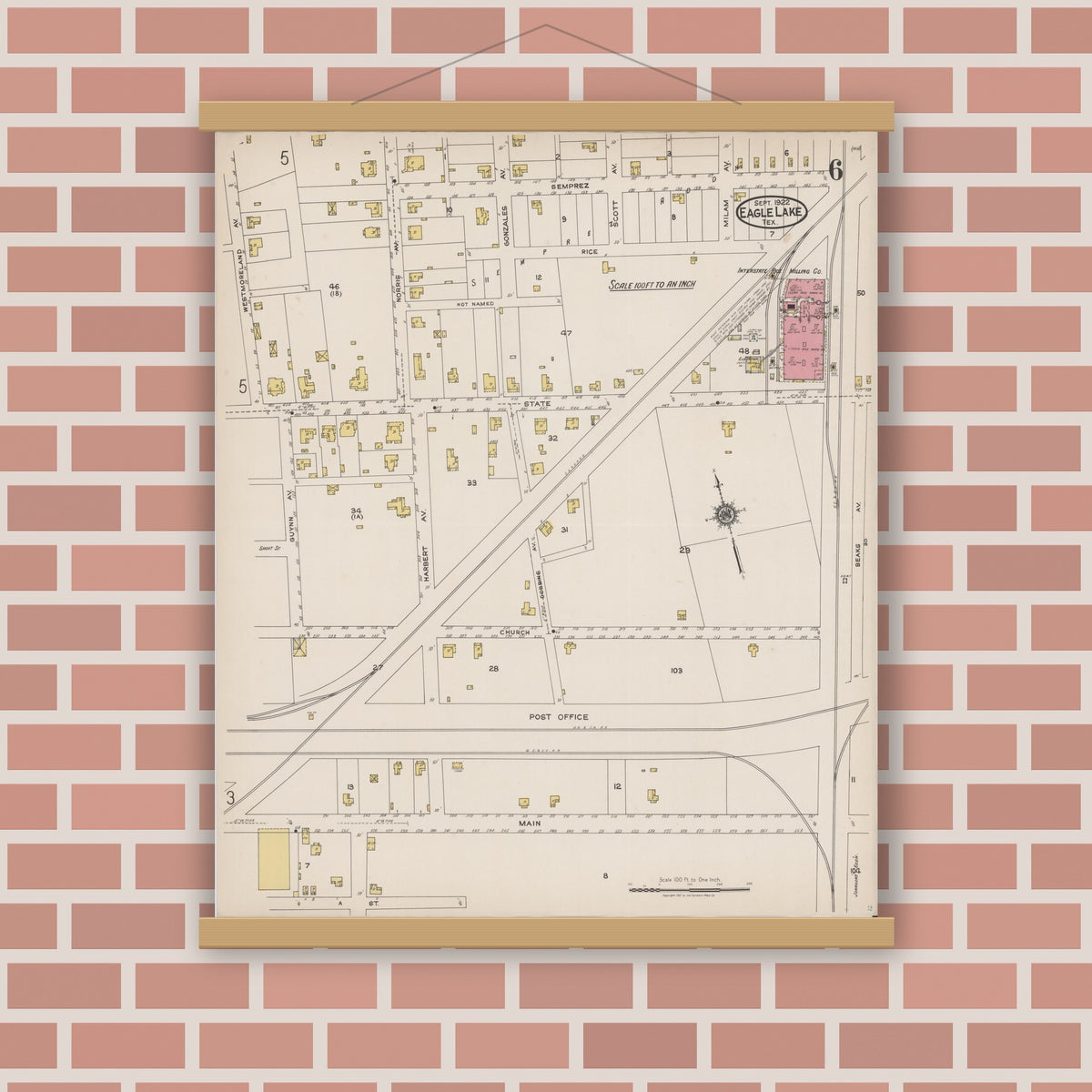Old map wall art mockup — magnetic wood frame on brick wall — Sanborn Fire Insurance Map from Eagle Lake, Colorado County, Texas (1922), Sheet #0006